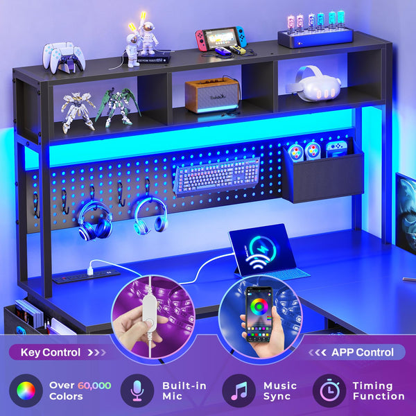 L-Shaped Gaming Desk with Hutch & LED Lights
