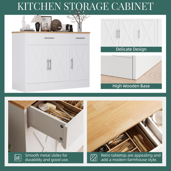 Farmhouse Sideboard Buffet Cabinet with Storage – 3 Barn Doors, 2 Drawers