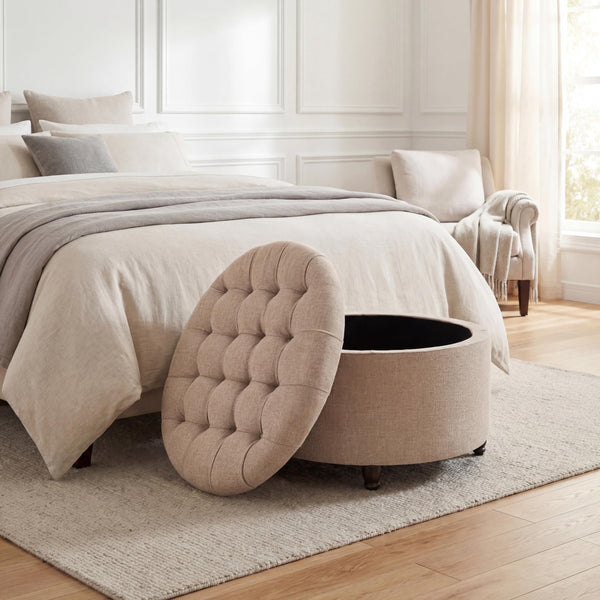28" Round Storage Ottoman with Wooden Legs