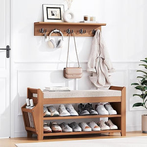 Bamboo Entryway Shoe Storage Bench with Cushion