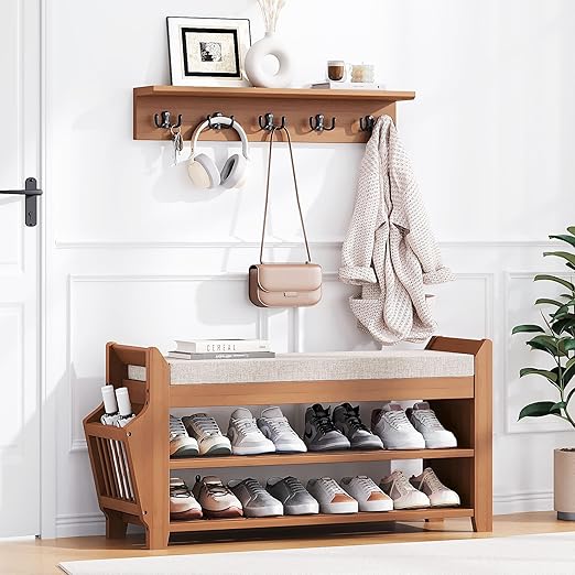 Bamboo Entryway Shoe Storage Bench with Cushion