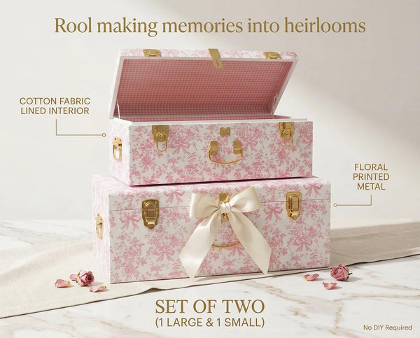 Pink Floral Metal Storage Trunk Set of 2