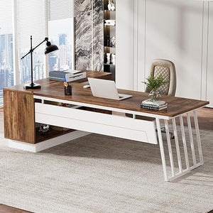 L-Shaped Executive Desk with File Cabinet and Storage Shelves