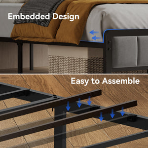 Upholstered Platform Bed Frame with LED Lights, Storage Headboard & Charging Station
