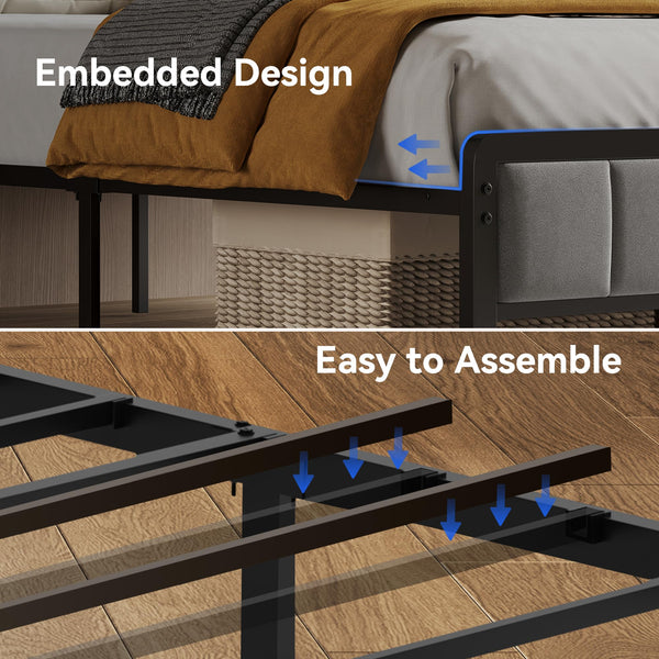 Upholstered Platform Bed Frame with LED Lights, Storage Headboard & Charging Station