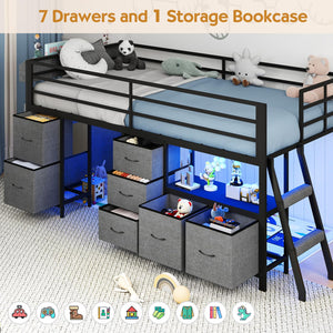 Twin Low Loft Bed with Storage Drawers, Bookcase & LED Lights