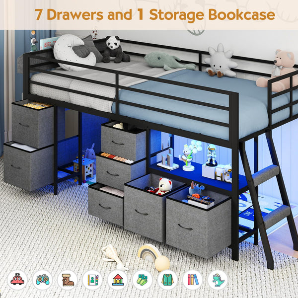 Twin Low Loft Bed with Storage Drawers, Bookcase & LED Lights