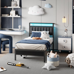 LED Bed Frame with Charging Station & Storage Headboard
