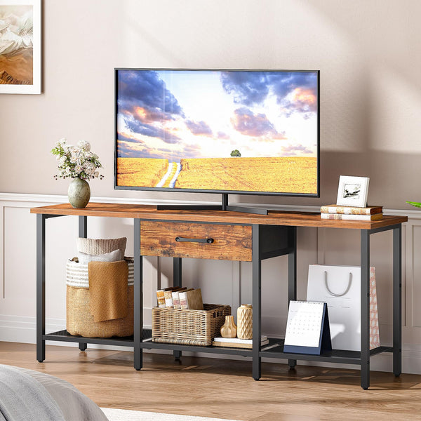 TV Stand for 55 Inch TVs with Fabric Drawer and Open Shelves