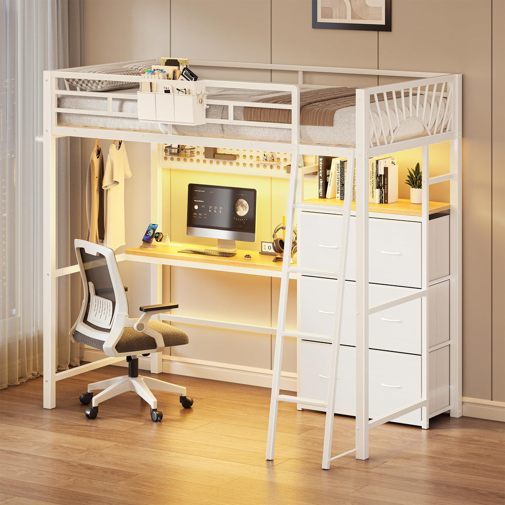 Twin Loft Bed with Desk, Storage Drawers & LED Lights