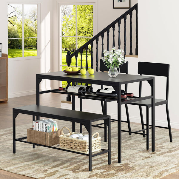 4-Piece Dining Table Set with Bench, 2 Chairs & Storage Rack