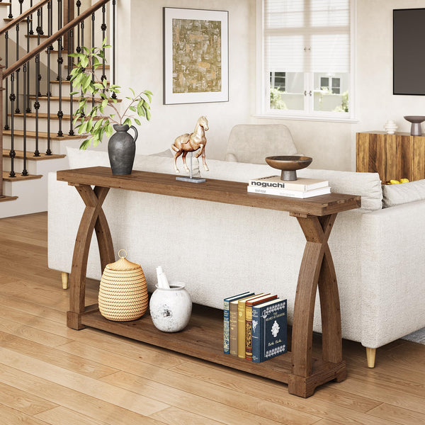 63-Inch Solid Wood Console Table with 2-Tier Storage