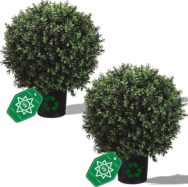 Artificial Boxwood Topiary Trees Set of 2 – UV Resistant Faux Plants in Pots