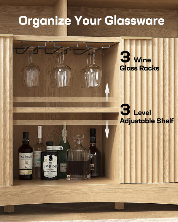 Bar Cabinet with Fluted Doors, Adjustable Shelves & Wine Glass Rack