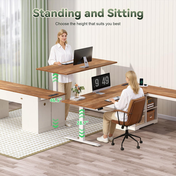 L-Shaped Electric Standing Desk with Drawers, Storage Shelves & Power Outlets, 66 Inch Corner Height Adjustable Computer Desk