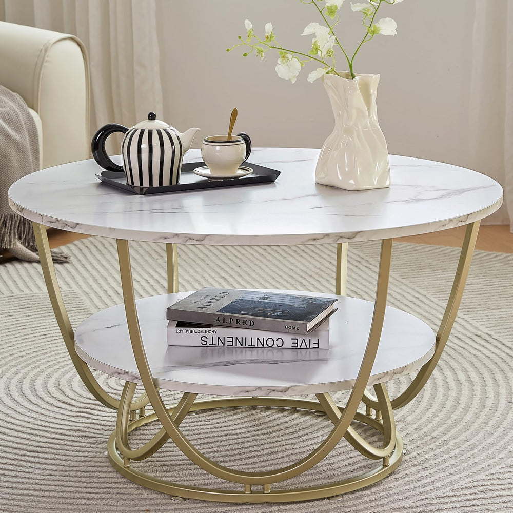 Round Coffee Table with Storage, 30" Marble White Top & Gold Frame