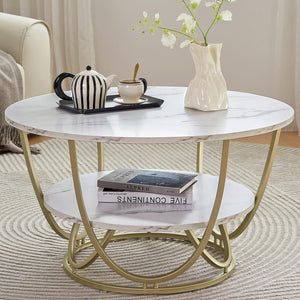 Round Coffee Table with Storage, 30" Marble White Top & Gold Frame