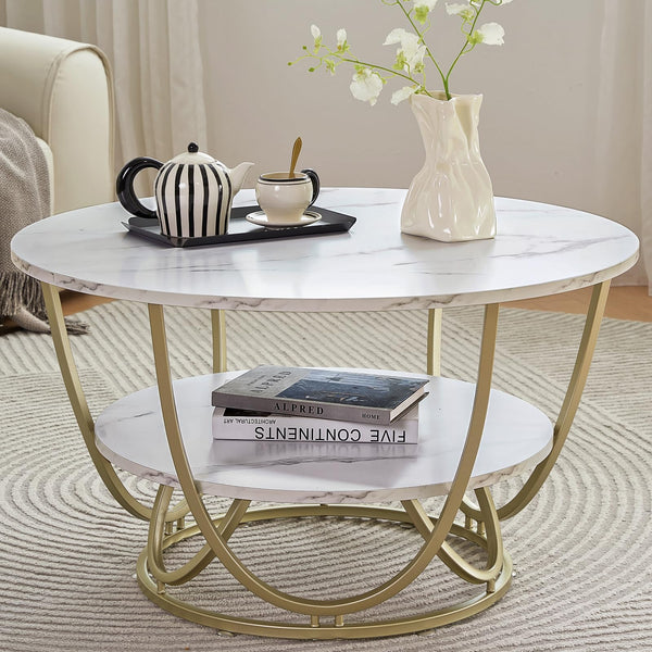 Round Coffee Table with Storage, 30" Marble White Top & Gold Frame