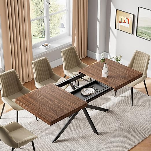 Extendable Dining Table Set with 4 Chairs — 55" to 70.9", MDF & Metal, Mid-Century Modern
