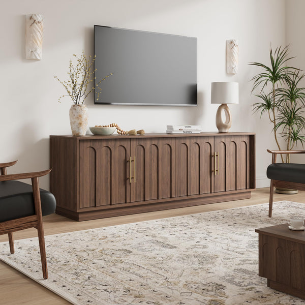67" Mid-Century Modern TV Stand for 75 Inch TVs – Arched Wood Grain Media Console