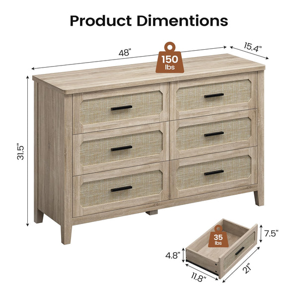 Rattan 6-Drawer Dresser | 48" Wide Boho Chest of Drawers