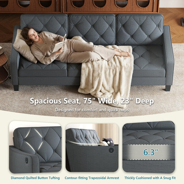 3-Seater Tufted Sofa – Linen Upholstered Couch for Living Room