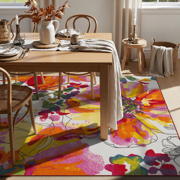 Nylon Area Rug 5'3" x 7'3" Rectangular – Floral Loop Pile, Non-Slip Backing