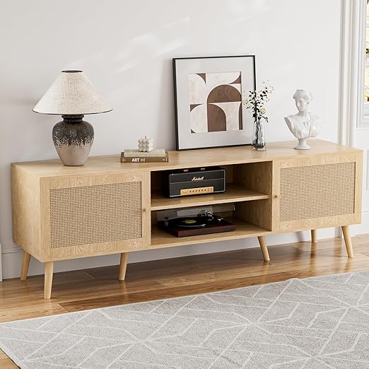 65-Inch TV Stand with Rattan Doors & Storage Cabinets