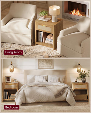 Boho Nightstands with Rattan-Look Drawer, Set of 2