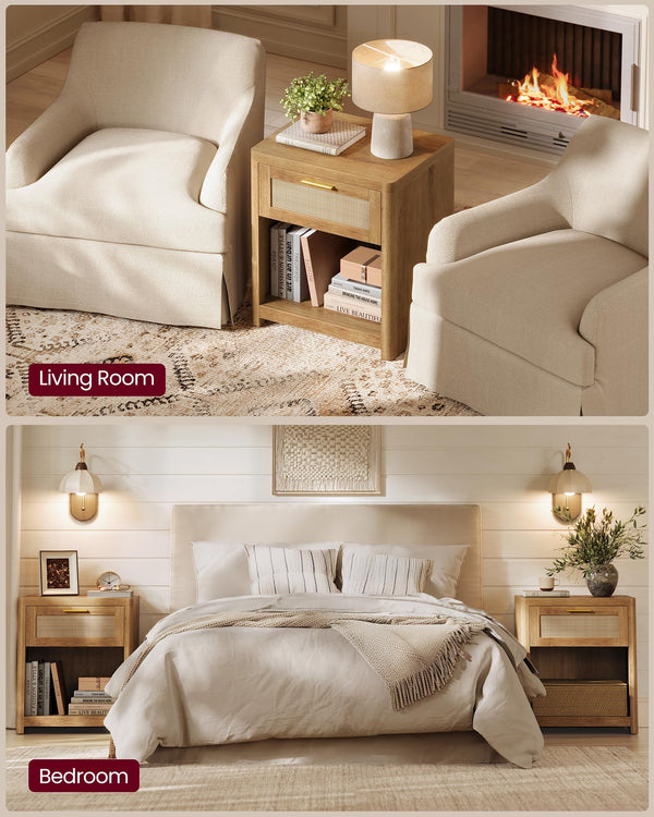 Boho Nightstands with Rattan-Look Drawer, Set of 2
