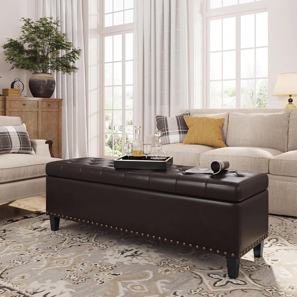 Faux Leather Storage Ottoman Bench, 51" Long, 30 Gallon, Tufted, Wooden Legs