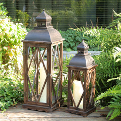 Large Farmhouse Wooden Metal Lantern Set of 2 - Rustic Indoor Outdoor Hanging Candle Lanterns