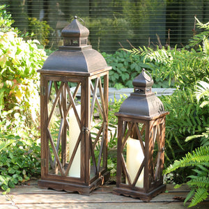 Large Farmhouse Wooden Metal Lantern Set of 2 - Rustic Indoor Outdoor Hanging Candle Lanterns