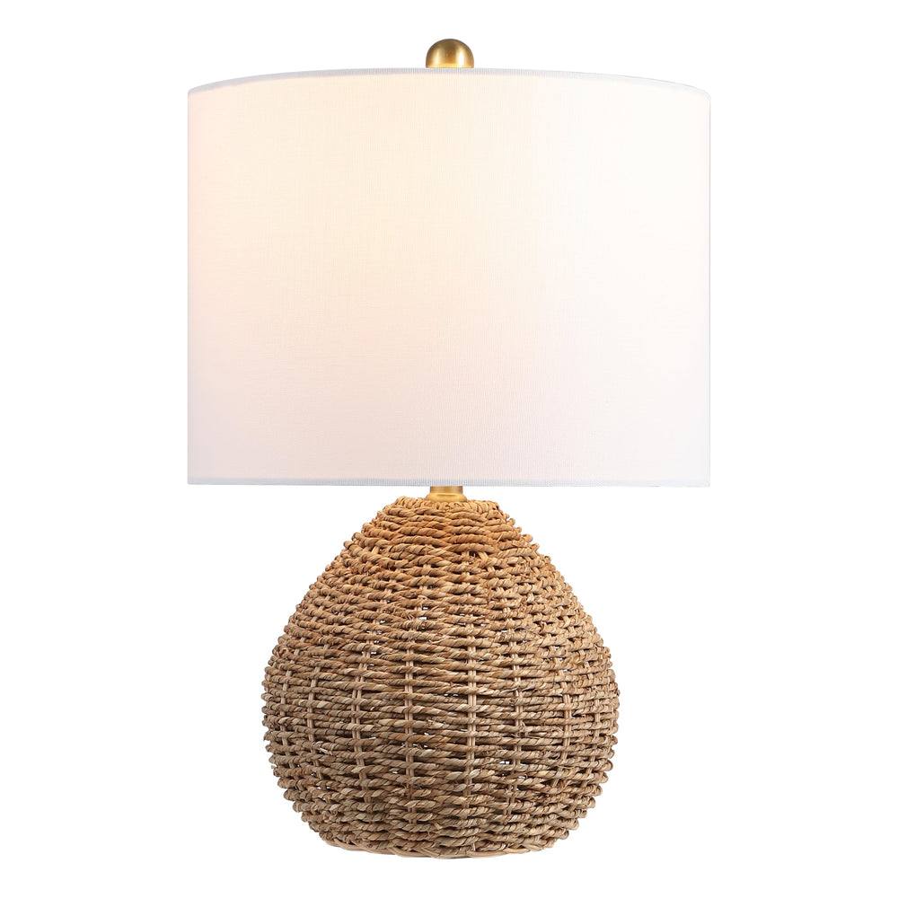 Brown Rattan LED Table Lamp with White Linen Drum Shade