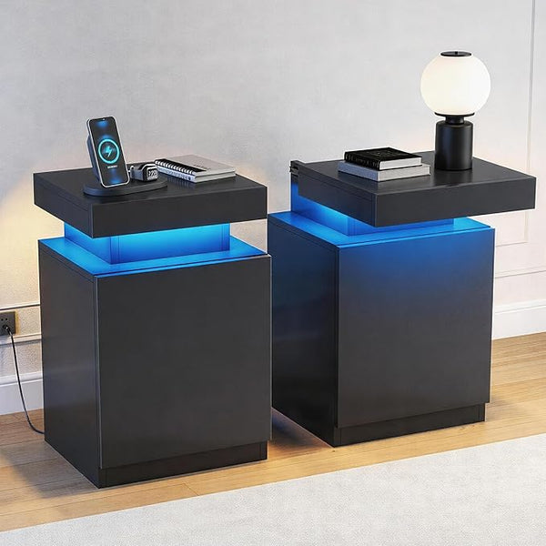 LED Nightstand with Storage Cabinet — Set of 2