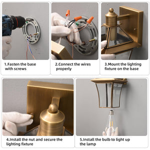 Brass Outdoor Wall Lanterns 2-Pack – Waterproof Glass Shade Sconces for Porch, Front Door & Entryway