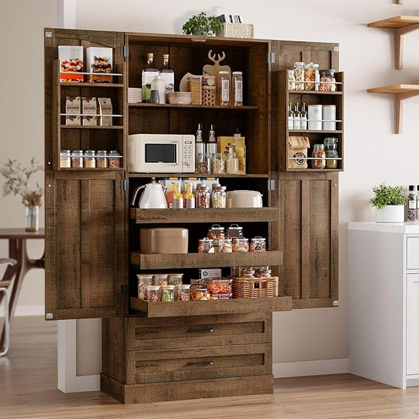 71" Farmhouse Kitchen Pantry Cabinet with Pull-Out Shelves & Drawers