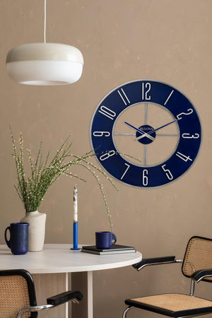 Large Round Analog Wall Clock – Silver & Blue, 27 Inch