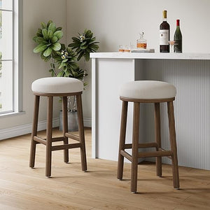 Christopher Knight Home Aubrie Counter Height Bar Stools Set of 2, Boucle Fabric Round Bar Stool for Kitchen Island, Wooden Backless Dining Room Chair, Counter Stool with Footrest, Natural+Milky White