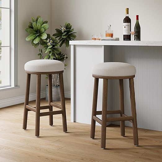 Christopher Knight Home Aubrie Counter Height Bar Stools Set of 2, Boucle Fabric Round Bar Stool for Kitchen Island, Wooden Backless Dining Room Chair, Counter Stool with Footrest, Natural+Milky White