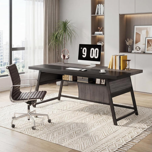 63-Inch Double Desk with LED Light & Storage Shelf