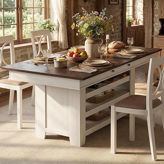 Counter Height Dining Table with Wine Rack & Storage Drawers