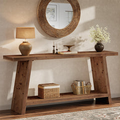70.9" Farmhouse Solid Wood Console Table with 2-Tier Storage