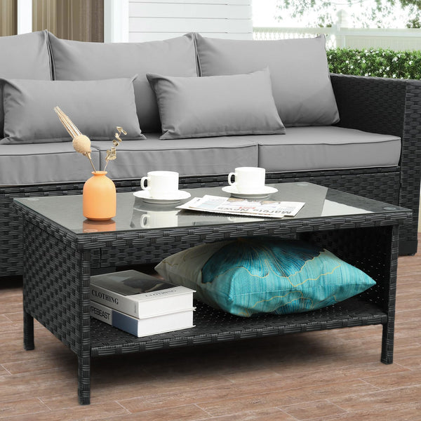 Outdoor Wicker Coffee Table with 2-Layer Glass Storage