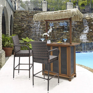 Outdoor Wicker Bar Stool Set with Footrest & Armrest (Set of 2, Brown)