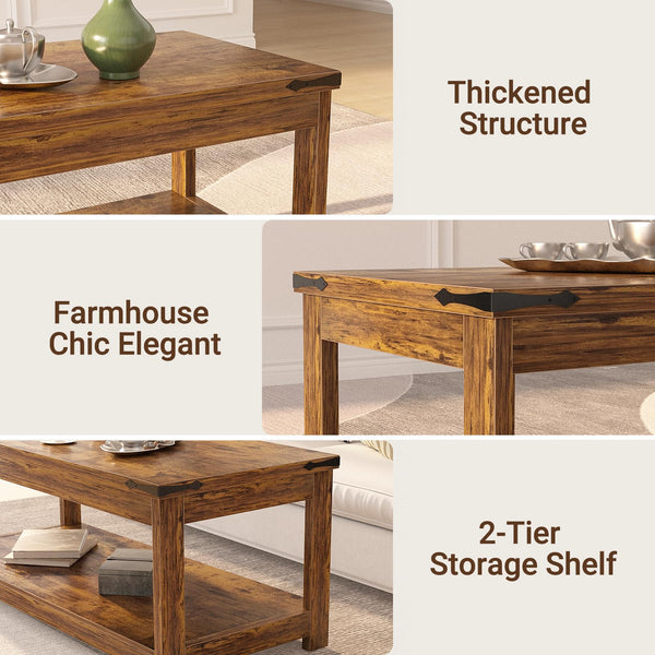 Farmhouse Coffee Table with Open Storage Shelf — 43" Rectangular