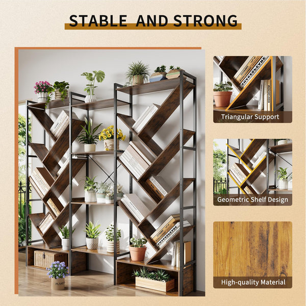 Triple 6-Tier Industrial Tree Bookshelf – 24 Open Shelves
