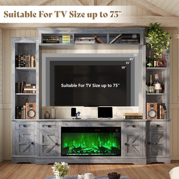 98" Farmhouse Entertainment Center with Fireplace, TV Stand & Barn Doors