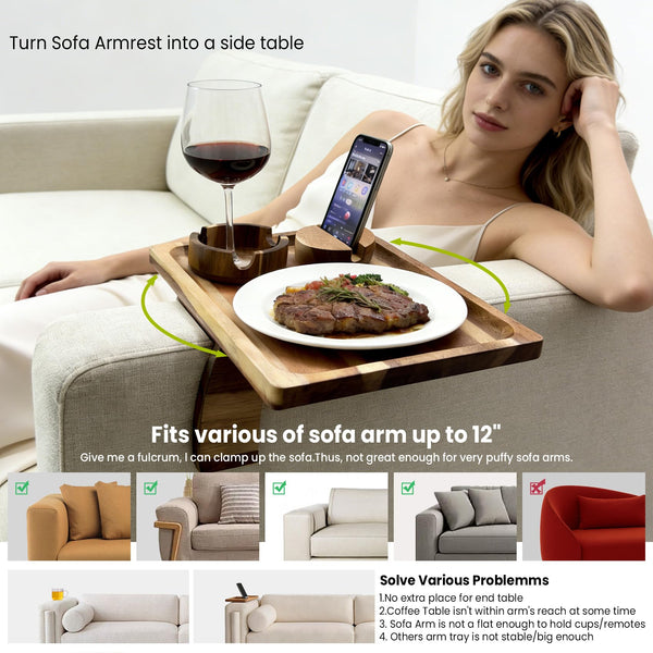 360° Rotating Sofa Arm Tray Table with Cup Holder & Phone Stand