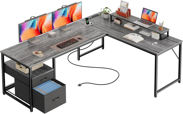 L-Shaped Desk with Power Outlets, USB-C & Storage Drawers